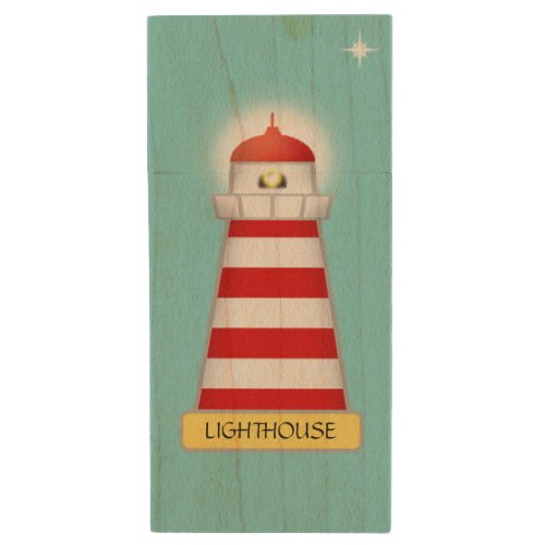 Elegant red and white lighthouse on light blue wood flash drive