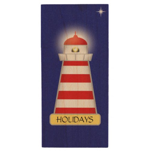 Elegant red and white lighthouse on navy blue wood flash drive