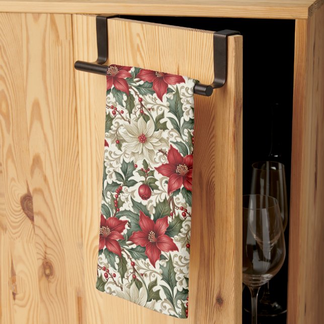 Elegant Red and White Poinsettia  Kitchen Towel (Thirds Fold)