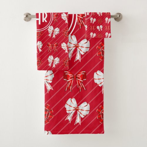 Elegant Red and White Ribbon Bath Towel Set