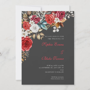 Elegant Red and White Roses Shadow Gray Wedding Invitation