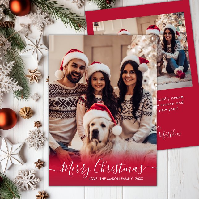 Elegant Red and White Script 2 Photo Christmas  Holiday Card (Creator Uploaded)
