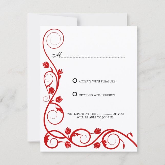 Elegant Red and White Swirls RSVP / Reply Card (Back)