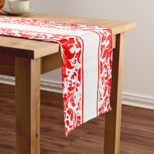 Elegant Red And White Swirls & Stripes Short Table Runner