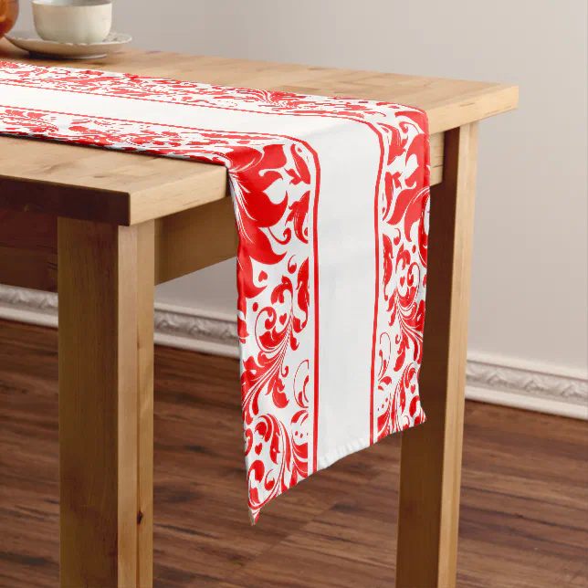Elegant Red And White Swirls & Stripes Short Table Runner | Zazzle