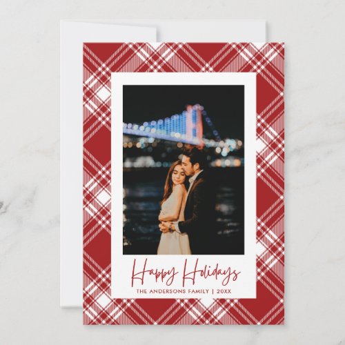 Elegant Red and White Tartan Plain Happy Holidays  Holiday Card