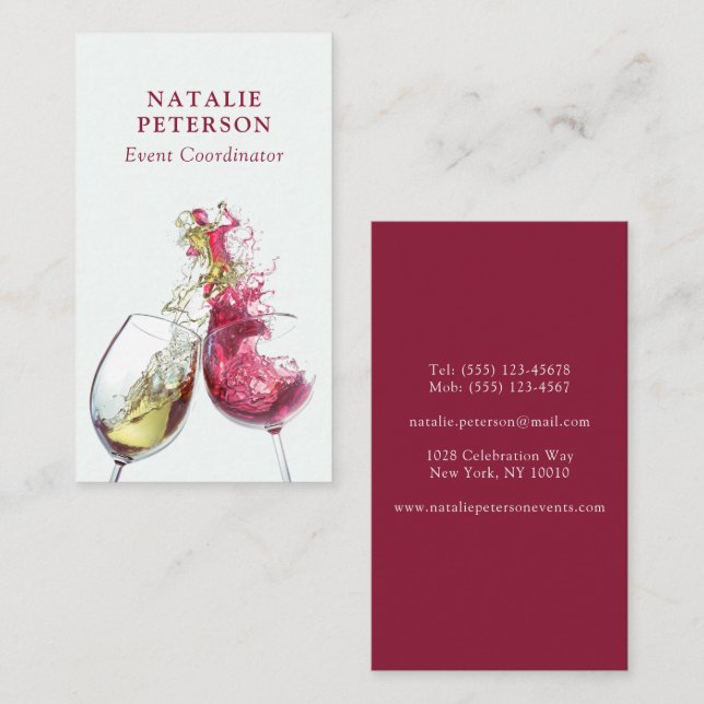 Elegant Red and White Wine Dance Event Coordinator Business Card (Front/Back)
