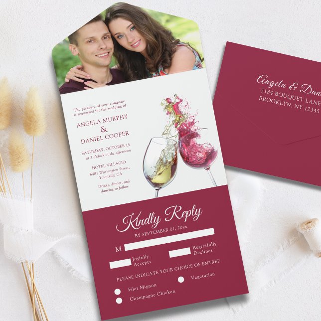 Elegant Red and White Wine Dance Photo Wedding All In One Invitation (Creator Uploaded)