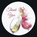 Elegant Red and White Wine Dance Wedding Classic Round Sticker<br><div class="desc">Add a touch of elegance to your wedding favors and envelopes with our stylish wine dance themed wedding stickers, featuring a white wine glass and red wine glass illustration with a man and woman dancing created out of wine. Simple yet elegant with maroon text on a white background. Add your...</div>