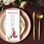 Elegant Red and White Wine Dance Wedding Wine List Menu<br><div class="desc">This wine list menu card design features a white wine glass and red wine glass illustration with a man and woman dancing created out of wine. Simple yet elegant with maroon text on a white background. Add your event details by editing the text in the text boxes provided. Perfect for...</div>