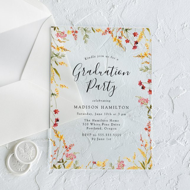 Elegant Red and Yellow Floral Graduation Party Acrylic Invitations (Creator Uploaded)