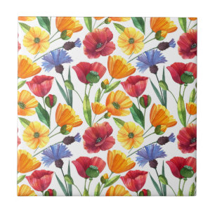 Elegant Red and Yellow Poppy Flowers, Cornflowers Ceramic Tile