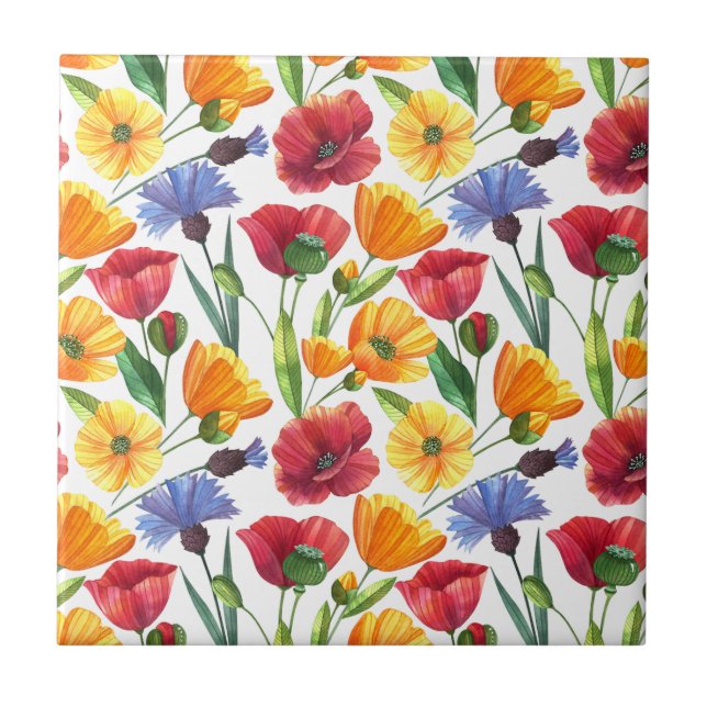 Elegant Red and Yellow Poppy Flowers, Cornflowers Ceramic Tile (Front)