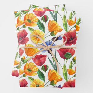 Elegant Red and Yellow Poppy Flowers, Cornflowers Wrapping Paper Sheets