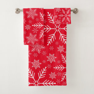 Elegant Red Aqua White Winter Snowflake Bath Towel Set
