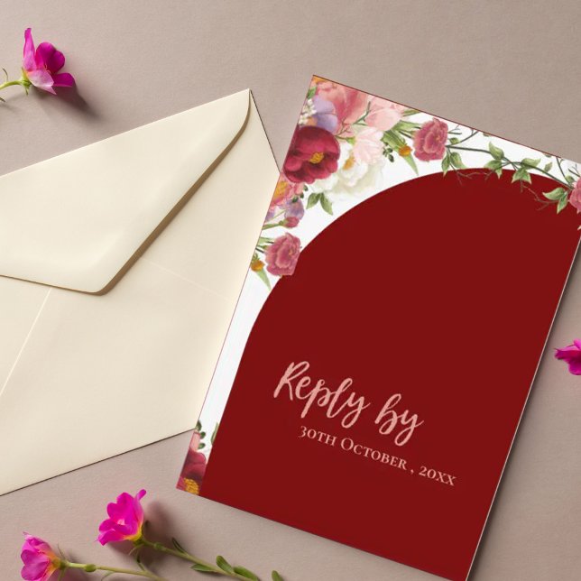 Elegant Red Arch Blush Peach Florals Wedding  RSVP Card (Elegant Red Arch Blush Peach Florals Wedding RSVP Card)