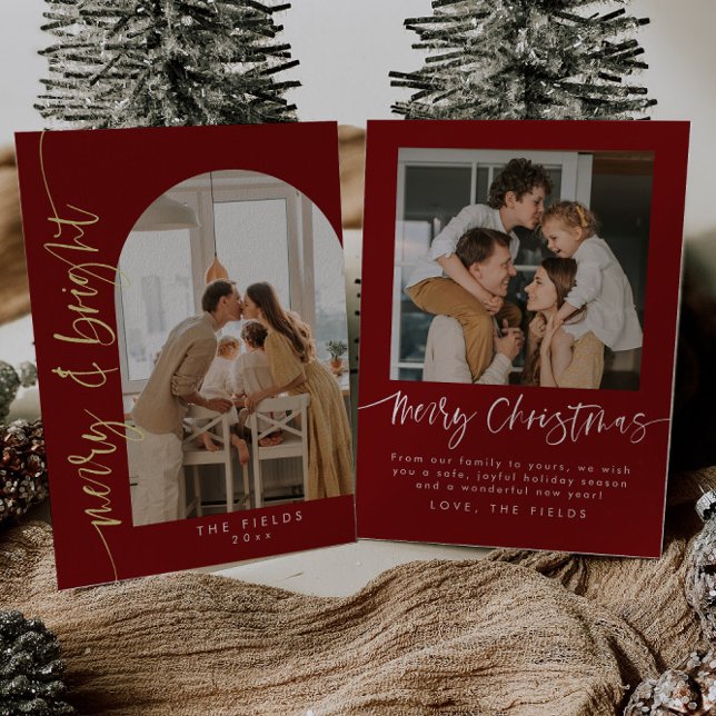 Elegant Red Arch Photo Family Christmas Foil Holiday Card (Creator Uploaded)