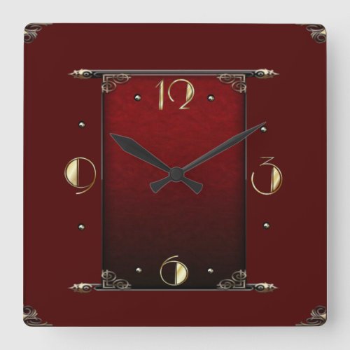 Elegant Red Art Deco Square Wall Clock