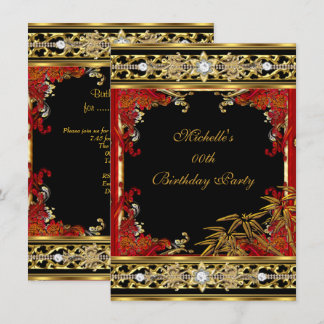 Elegant Red Asian Gold Bamboo Birthday Party Invitation