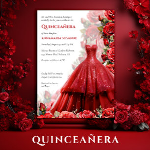 Elegant Red Ball Gown Red Roses Quinceanera Invitation