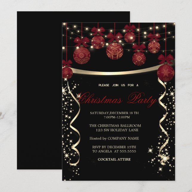Elegant Red Balls,Confetti Company Christmas Party Invitation (Front/Back)