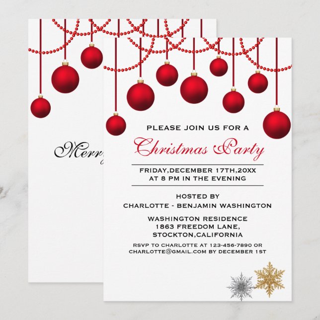 Elegant Red Bauble Christmas Party Invitation (Front/Back)