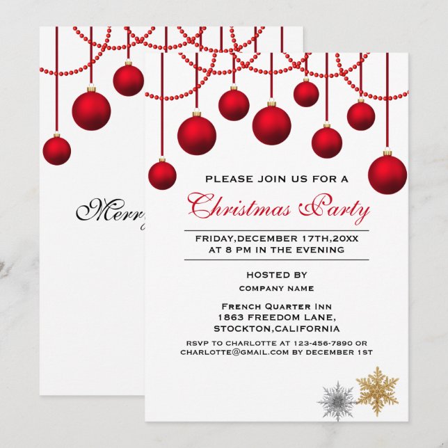 Elegant Red Bauble Corporate Christmas Party Invitation (Front/Back)