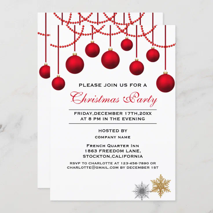 Elegant Red Bauble Corporate Christmas Party Invitation | Zazzle