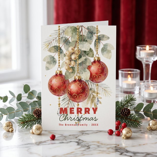 Elegant Red Baubles Green Botanicals Christmas Card (Creator Uploaded)
