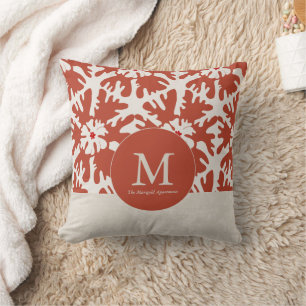 Elegant Red & Beige Monogram Christmas Star Throw Pillow