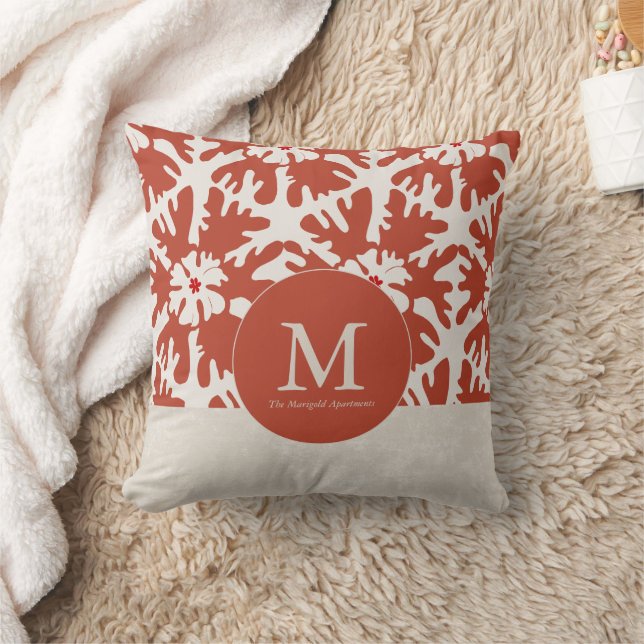 Elegant Red & Beige Monogram Christmas Star Throw Pillow (Blanket)