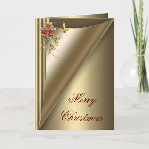 Elegant Red Bells and Gold Holly Christmas Card