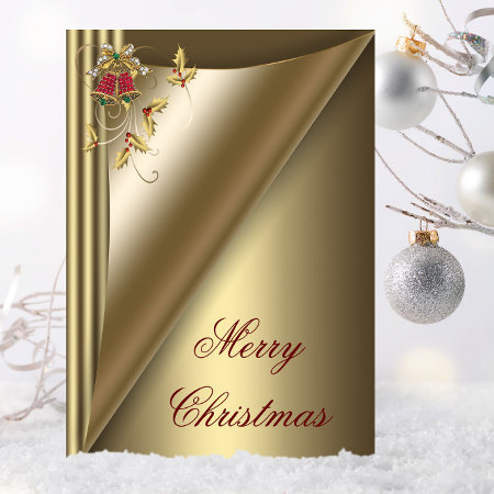 Elegant Red Bells And Gold Holly Christmas Card