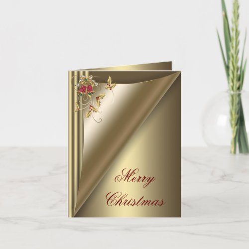 Elegant Red Bells and Gold Holly Christmas Card