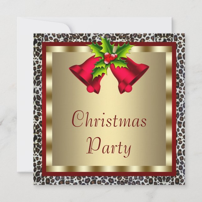 Elegant Red Bells Red Leopard Christmas Party Invitation (Front)
