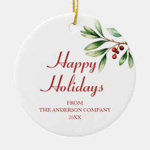 Elegant Red Berries Green Company Happy Holidays Ceramic Ornament