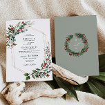 Elegant Red Berries Greenery Christmas Wedding Invitation<br><div class="desc">Featuring a delicate gold geometric frame encircling a lush watercolor wreath adorned with vibrant red berries,  and greenery,  this design combines seasonal charm with timeless elegance. The classic serif and festive red script typography create a perfect balance of sophistication and holiday cheer,  making it ideal for Christmas themed weddings.</div>