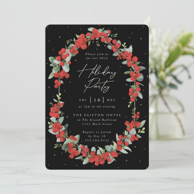 Elegant Red Berry + Eucalyptus Holiday Party Invitation (Standing Front)