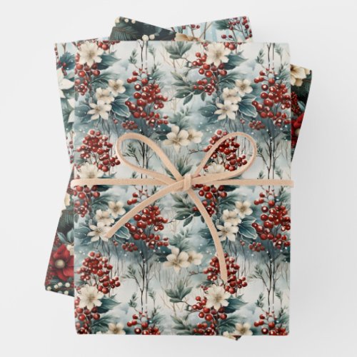 Elegant Red Berry  Flowers Botanical Christmas Wrapping Paper Sheets