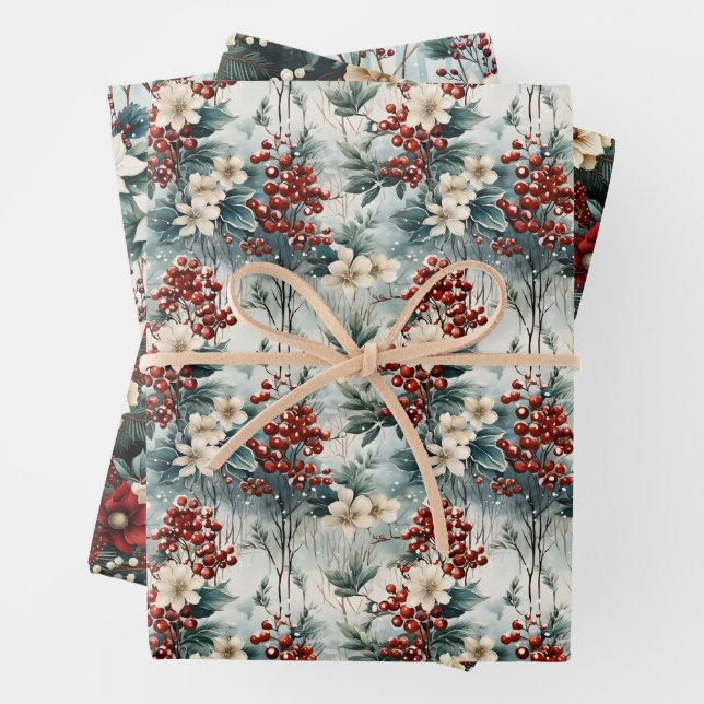 Elegant Red Berry & Flowers Botanical Christmas Wrapping Paper Sheets (In situ)