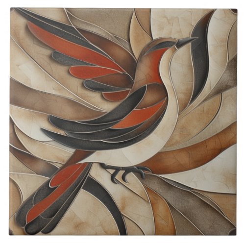 Elegant Red Bird Stone Effect Ceramic Tile