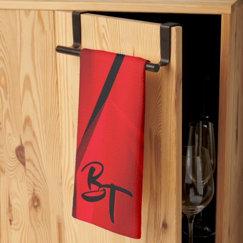 Elegant Red Black Abstract Design Initials Kitchen Towel