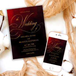 Elegant Red Black and Gold Calligraphy Wedding Invitation