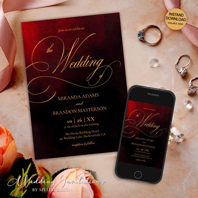 Elegant Red Black and Gold Calligraphy Wedding Invitation (Creator Uploaded)