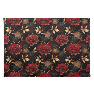 Elegant Red, Black and Gold Floral Marble Pattern Cloth Placemat