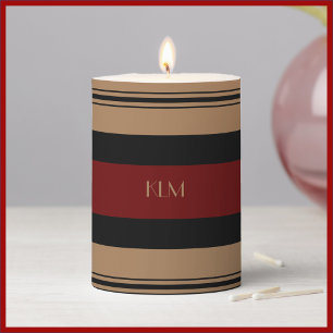 Elegant Red Black and Gold Striped Monogram Pillar Candle