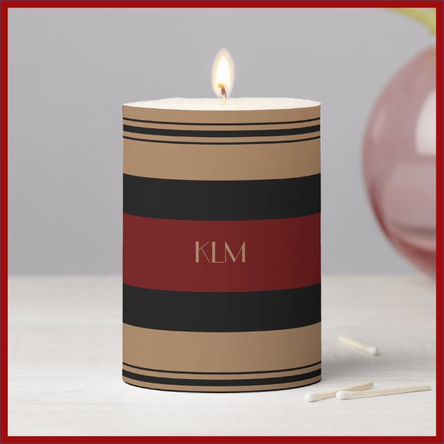 Elegant Red Black and Gold Striped Monogram Pillar Candle (Creator Uploaded)