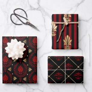 Elegant Red, Black and Gold Vintage Patterns Wrapping Paper Sheets