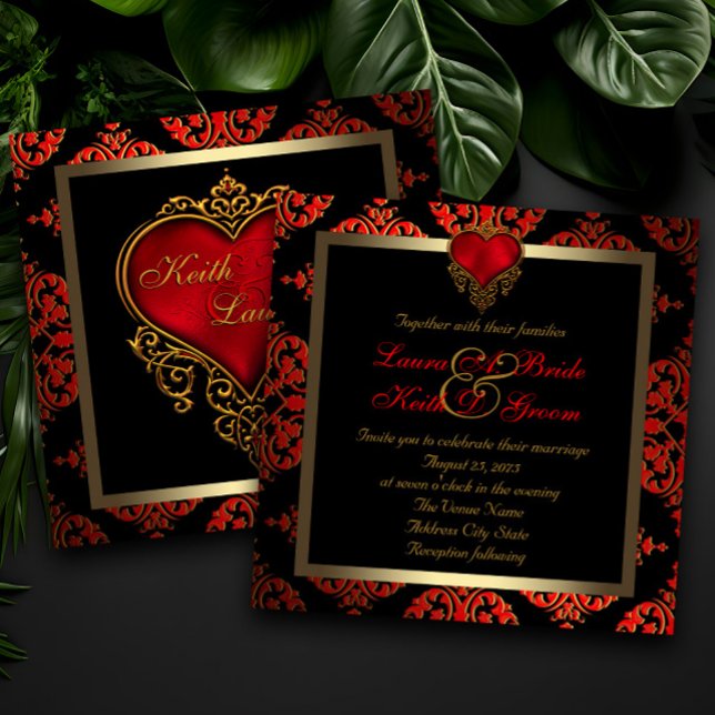 Elegant Red Black and Gold Wedding Invitation (Dramatic red, black and gold wedding invitation with red and gold heart.)