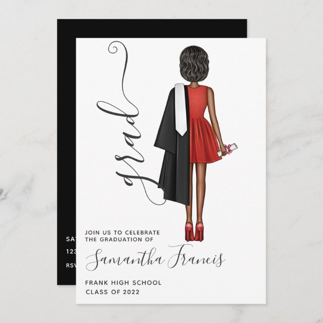 Elegant Red, Black and White Girl Graduation Party Invitation (Front/Back)